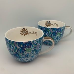 Lilly Pulitzer Ceramic Blue/Green/Purple Hand Painted Coffee or Tea Mug Set NWT